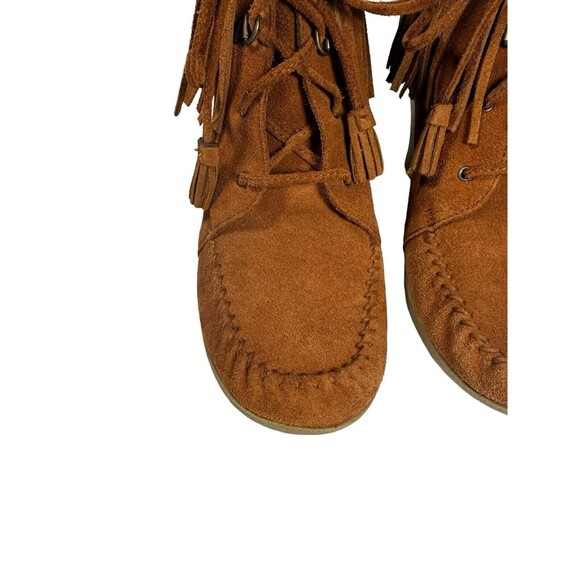 MINNETONKA Brown Suede Fringe Moccasin Wedge Heel Ankle Boots 84022 Size 8.5 - Picture 4 of 16